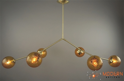 Branching Element II Branching Solid Brass Fixture with Satin Finish and 6" Hand Blown Amber Vintage Crackle Glass Globes