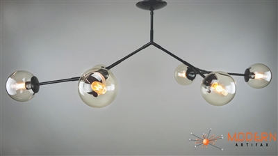Black Matter 1 Branching Chandelier Steel Fixture with Flat Black Finish and Smoke Glass Globes